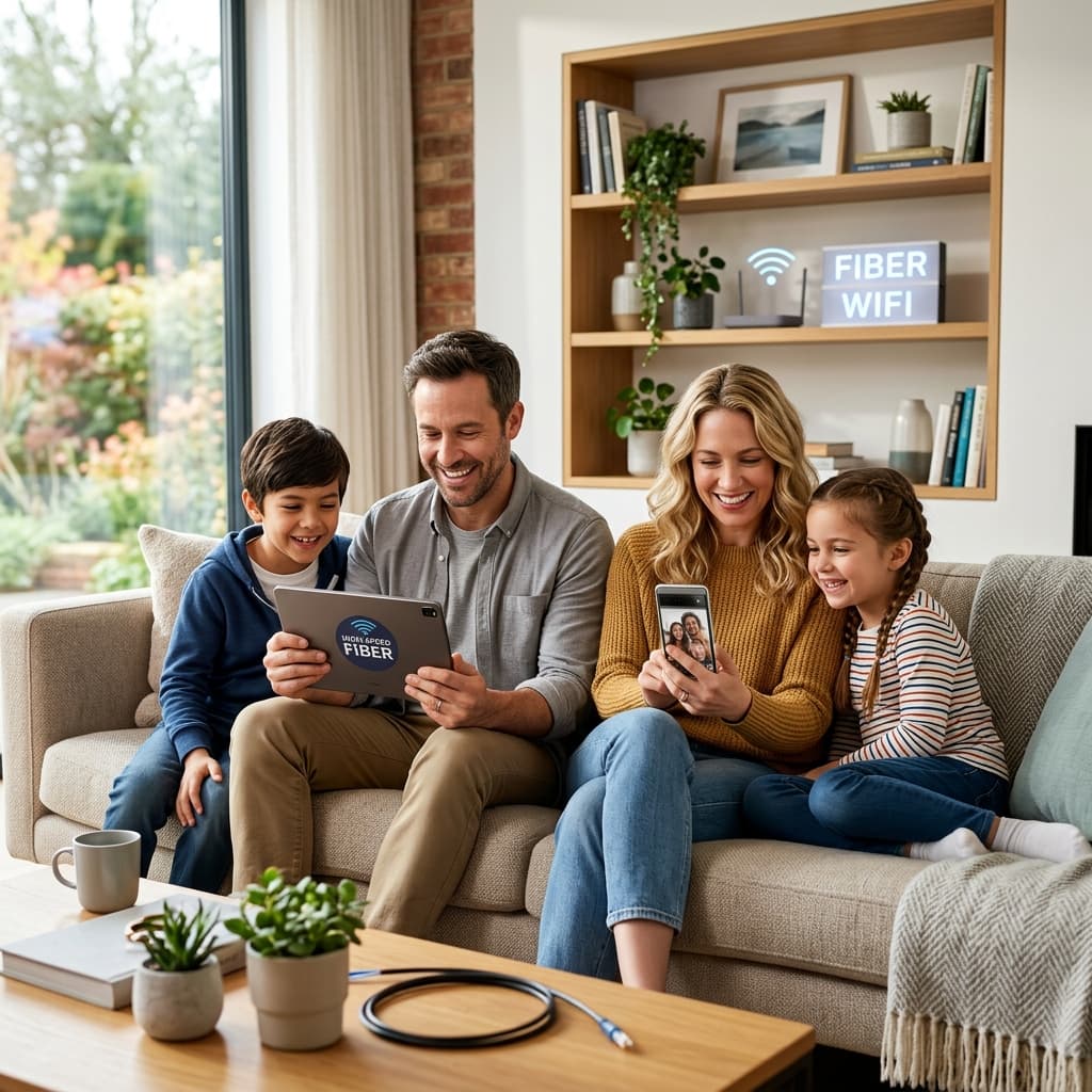 Família feliz usando internet de alta velocidade